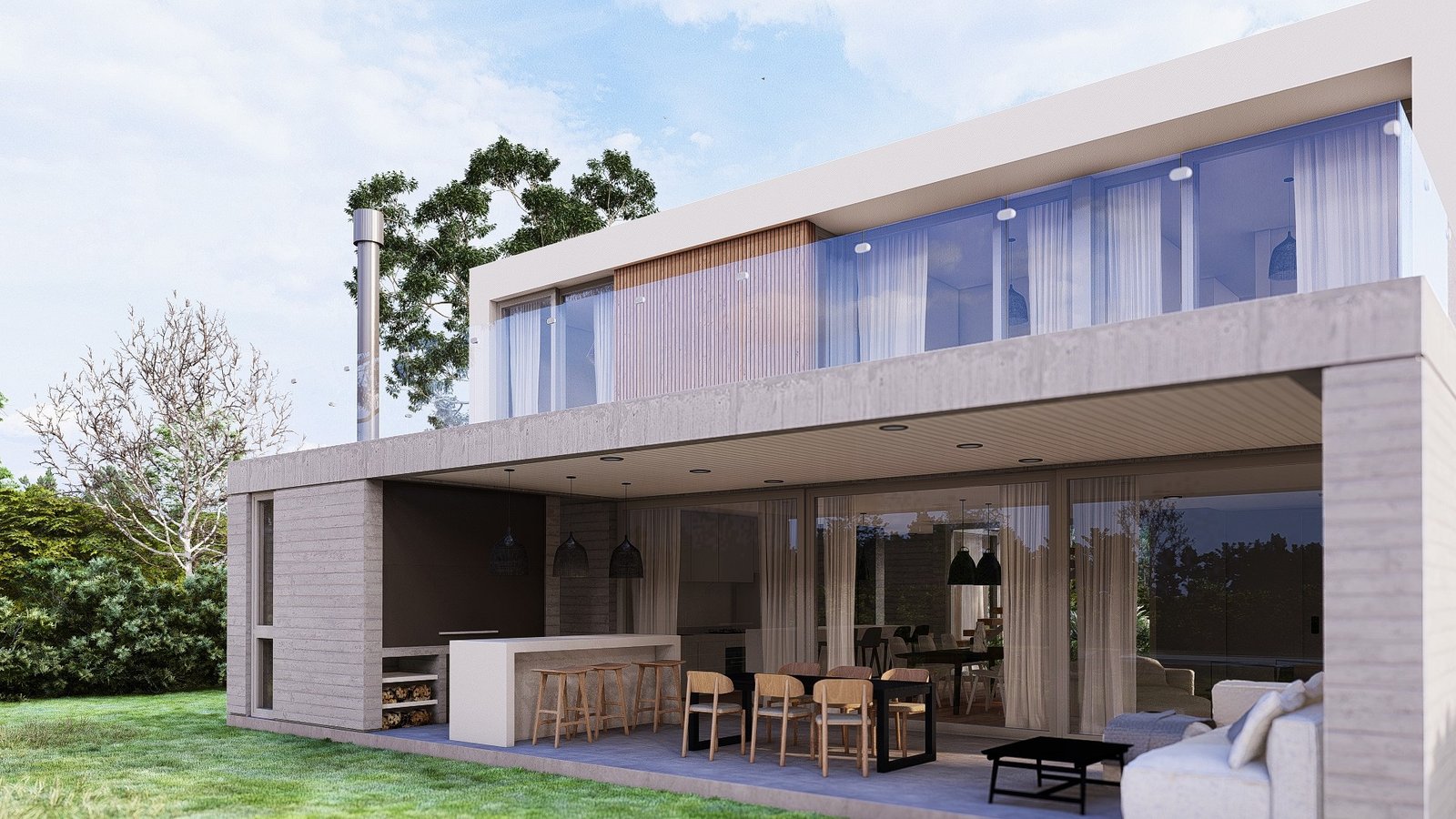 Casa moderna con fachada de hormigón y amplios ventanales — proyecto Casa JB, por Hermann Arquitectos, en M775+94